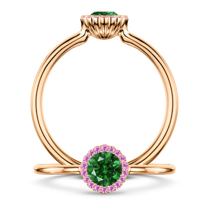 Nymphe Tsavorite Ring with Pink Sapphire halo in 18ct Rose Gold, front and side views