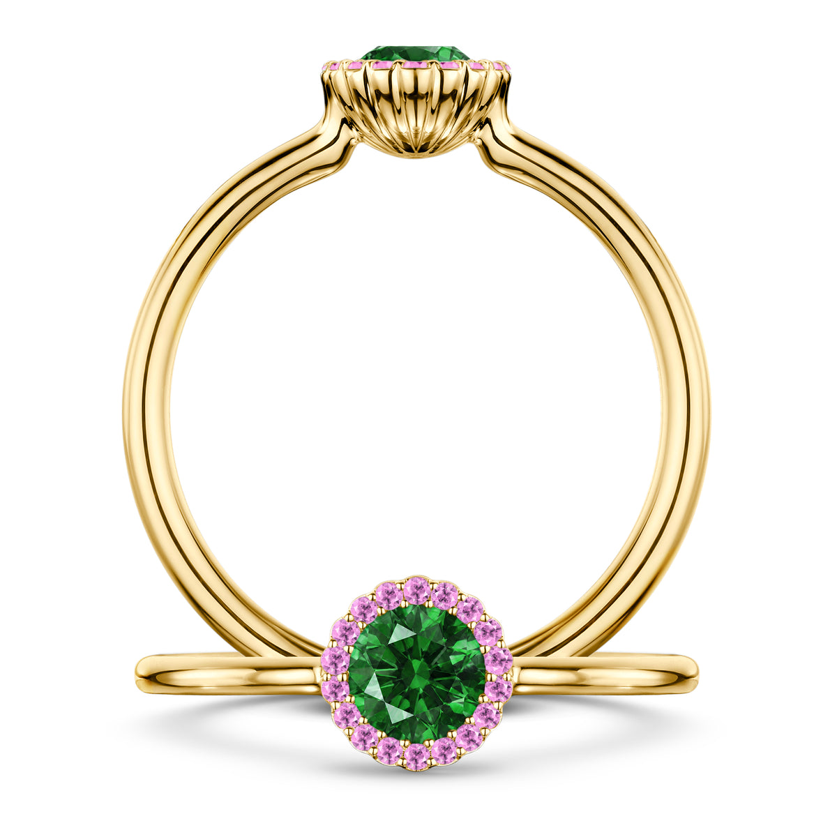 Nymphe Tsavorite Ring with Pink Sapphire halo in 18ct Yellow Gold, front and side views