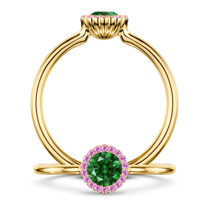 Nymphe Tsavorite Ring with Pink Sapphire halo in 18ct Yellow Gold, front and side views
