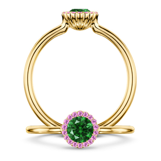 Nymphe Tsavorite Ring with Pink Sapphire halo in 18ct Yellow Gold, front and side views