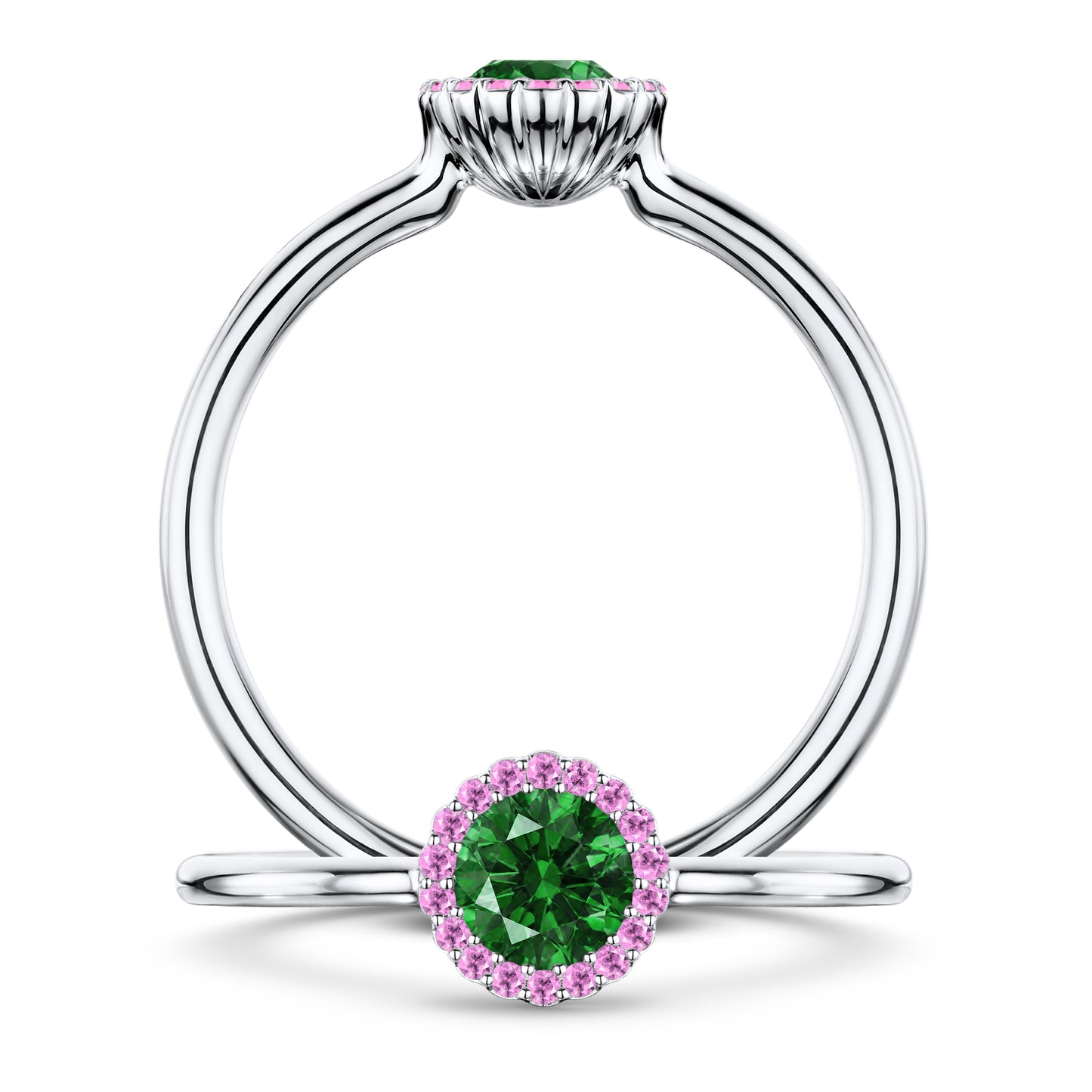 Nymphe Tsavorite Ring with Pink Sapphire halo in Platinum, front and side views