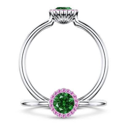 Nymphe Tsavorite Ring with Pink Sapphire halo in Platinum, front and side views