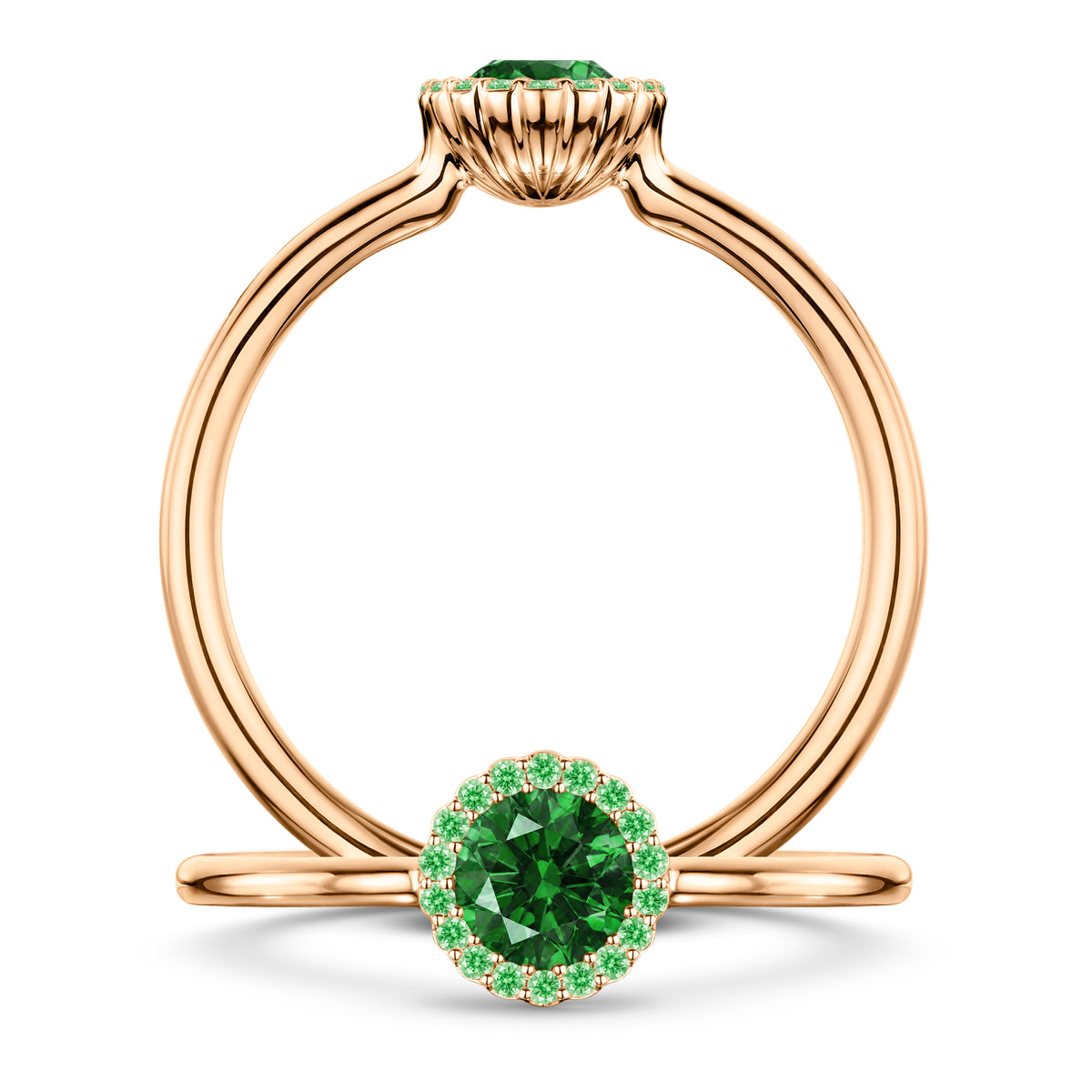 Nymphe Tsavorite Ring with Tsavorite halo in 18ct Rose Gold, front and side views