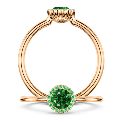 Nymphe Tsavorite Ring with Tsavorite halo in 18ct Rose Gold, front and side views