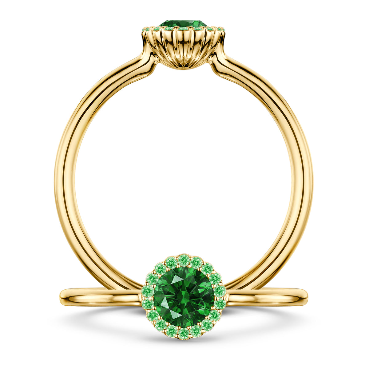 Nymphe Tsavorite Ring with Tsavorite halo in 18ct Yellow Gold, front and side views