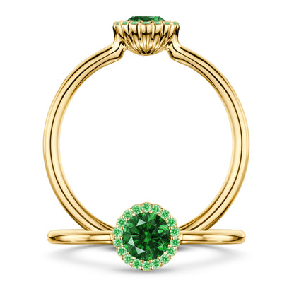 Nymphe Tsavorite Ring with Tsavorite halo in 18ct Yellow Gold, front and side views