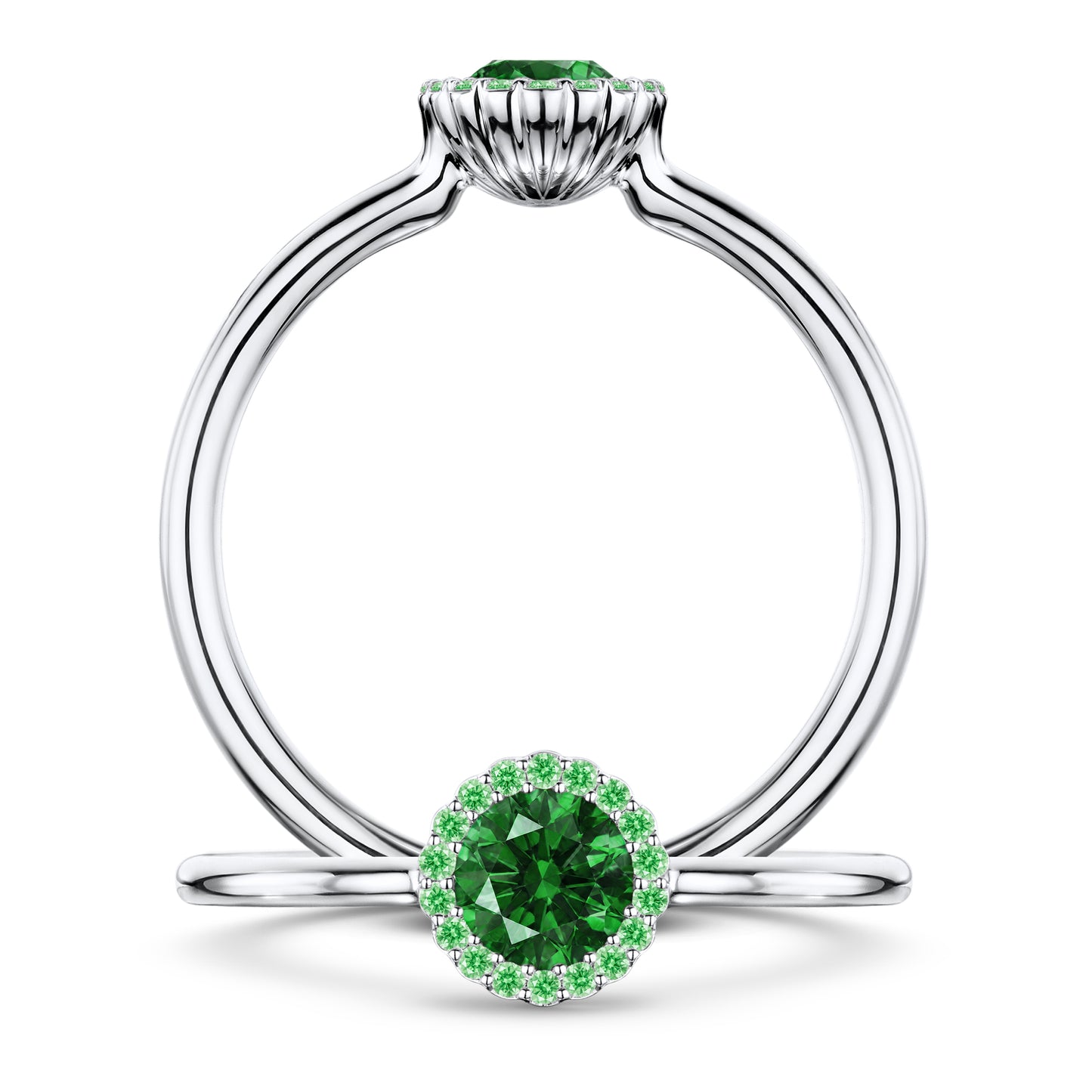 Nymphe Tsavorite Ring with Tsavorite halo in Platinum, front and side views
