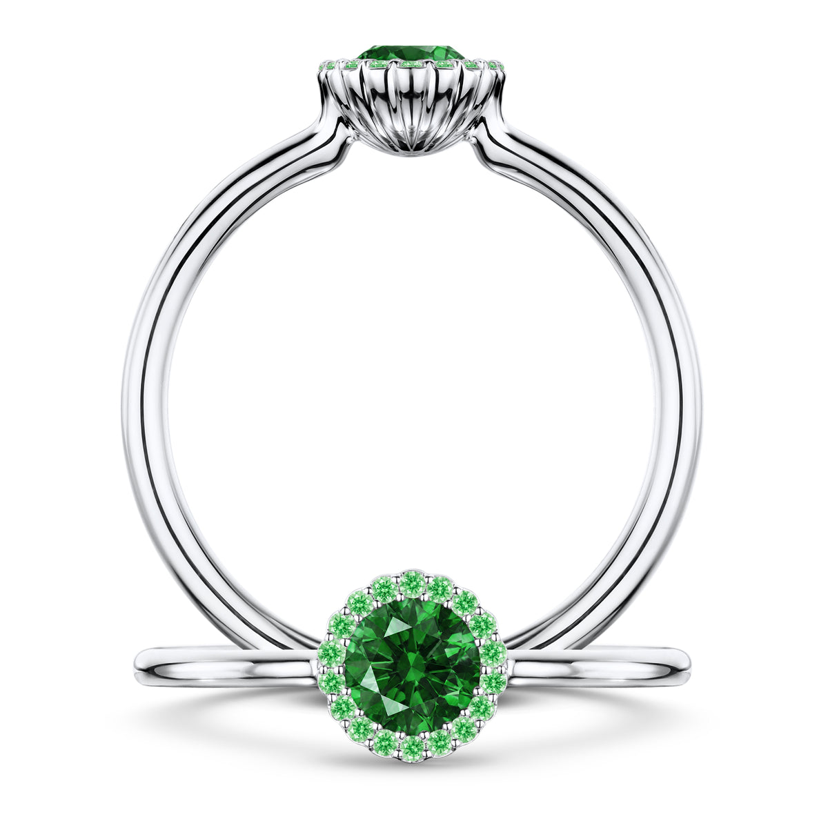 Nymphe Tsavorite Ring with Tsavorite halo in Platinum, front and side views
