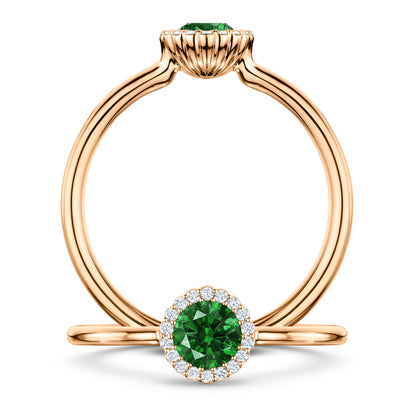 Nymphe Tsavorite Ring with white Diamond halo in 18ct Rose Gold, front and side views