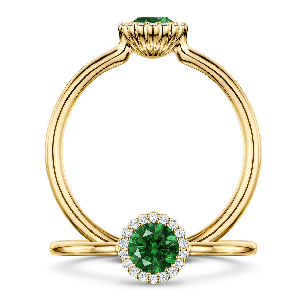 Nymphe Tsavorite Ring with white Diamond halo in 18ct Yellow Gold, front and side views