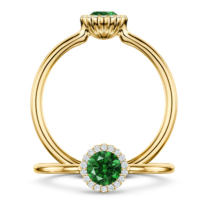 Nymphe Tsavorite Ring with white Diamond halo in 18ct Yellow Gold, front and side views