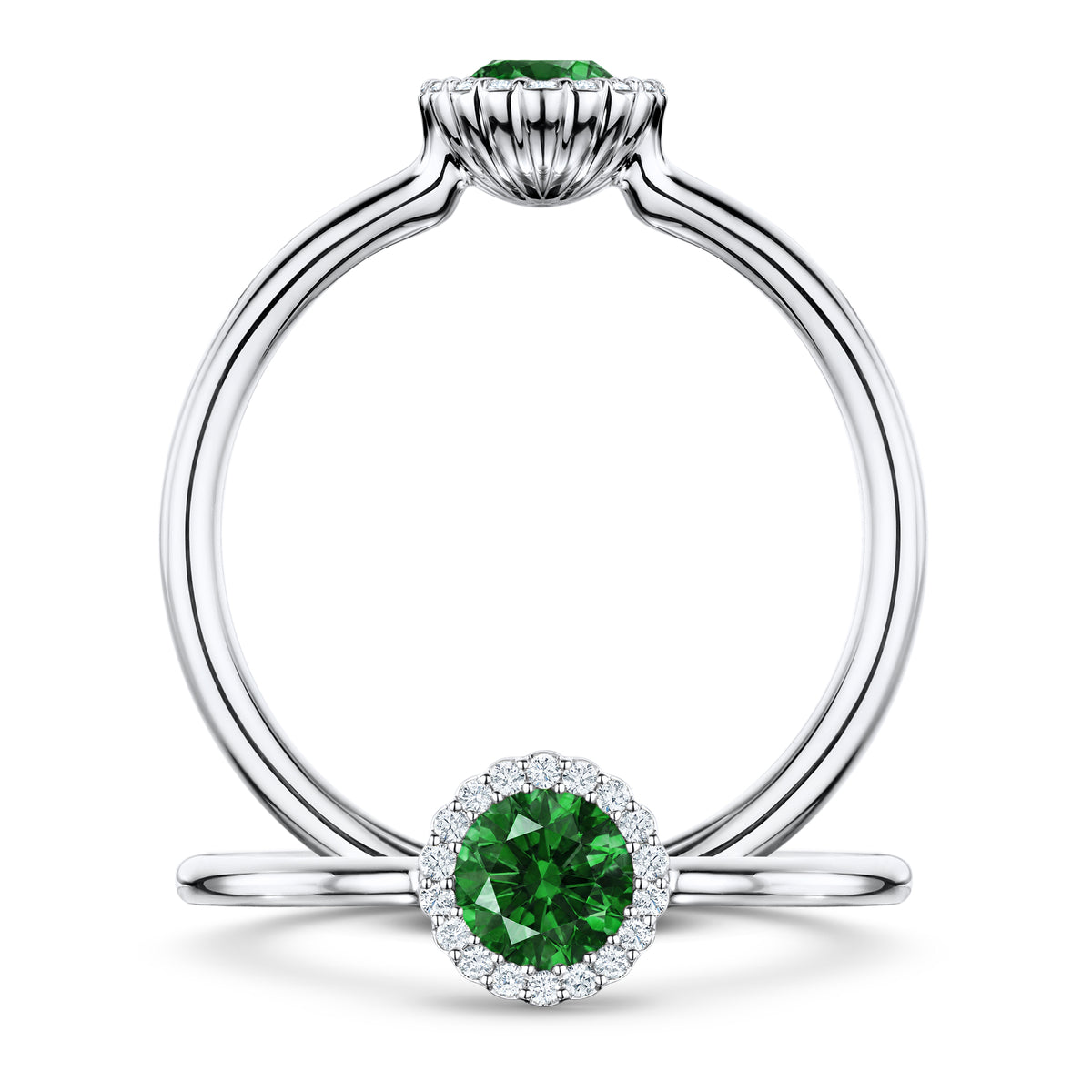 Nymphe Tsavorite Ring with white Diamond halo in Platinum, front and side views