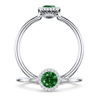 Nymphe Tsavorite Ring with white Diamond halo in Platinum, front and side views