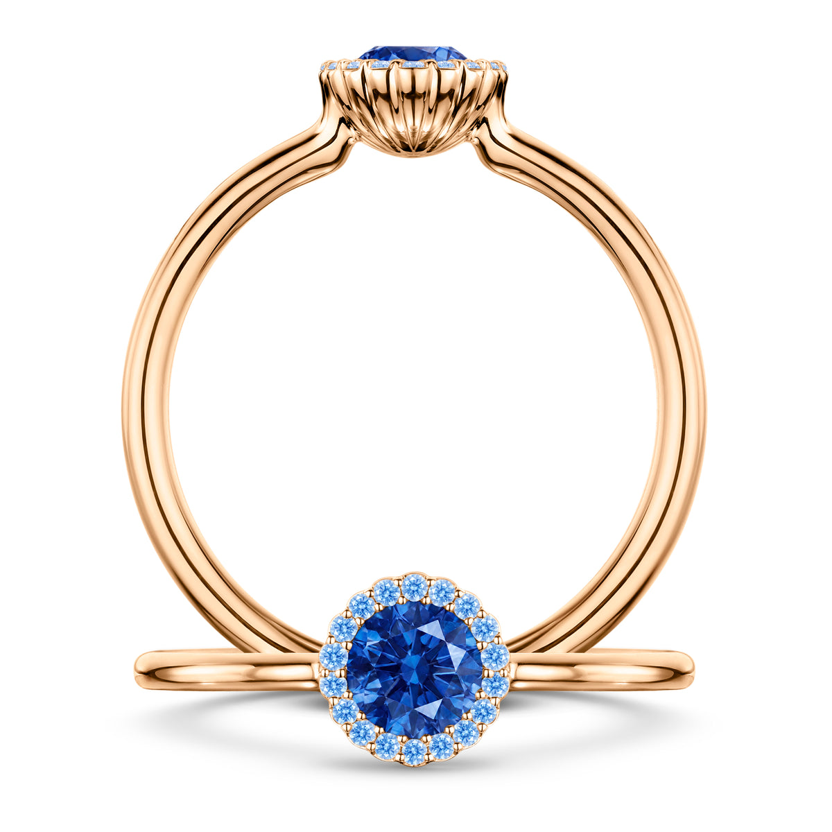 Rivage Medium Blue Sapphire Ring with Blue Sapphire halo in 18ct Rose Gold, front and side views