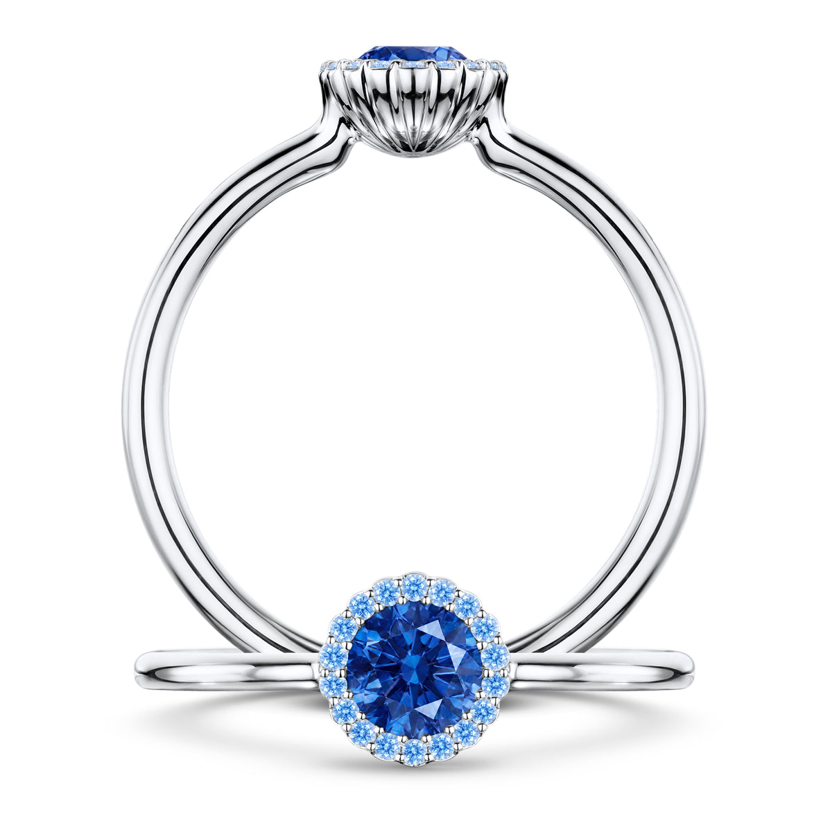 Rivage Medium Blue Sapphire Ring with Blue Sapphire halo in Platinum, front and side views