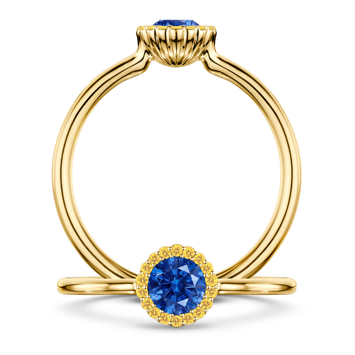 Rivage Medium Blue Sapphire Ring with Intense Yellow Diamond halo in 18ct Yellow Gold, front and side views