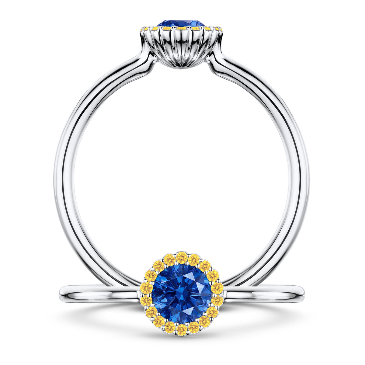 Rivage Medium Blue Sapphire Ring with Intense Yellow Diamond halo in Platinum, front and side views