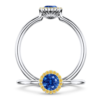 Rivage Medium Blue Sapphire Ring with Intense Yellow Diamond halo in Platinum, front and side views