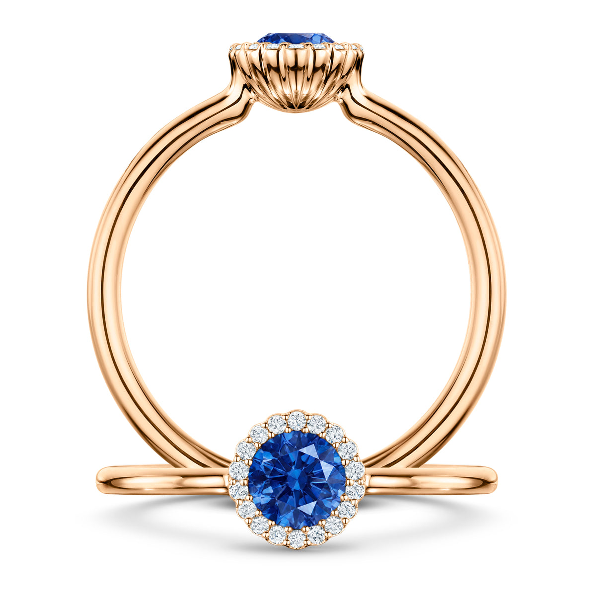 Rivage Medium Blue Sapphire Ring with white Diamond halo in 18ct Rose Gold, front and side views