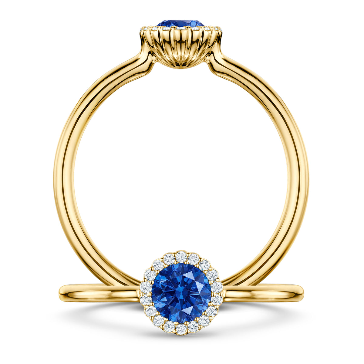 Rivage Medium Blue Sapphire Ring with white Diamond halo in 18ct Yellow Gold, front and side views
