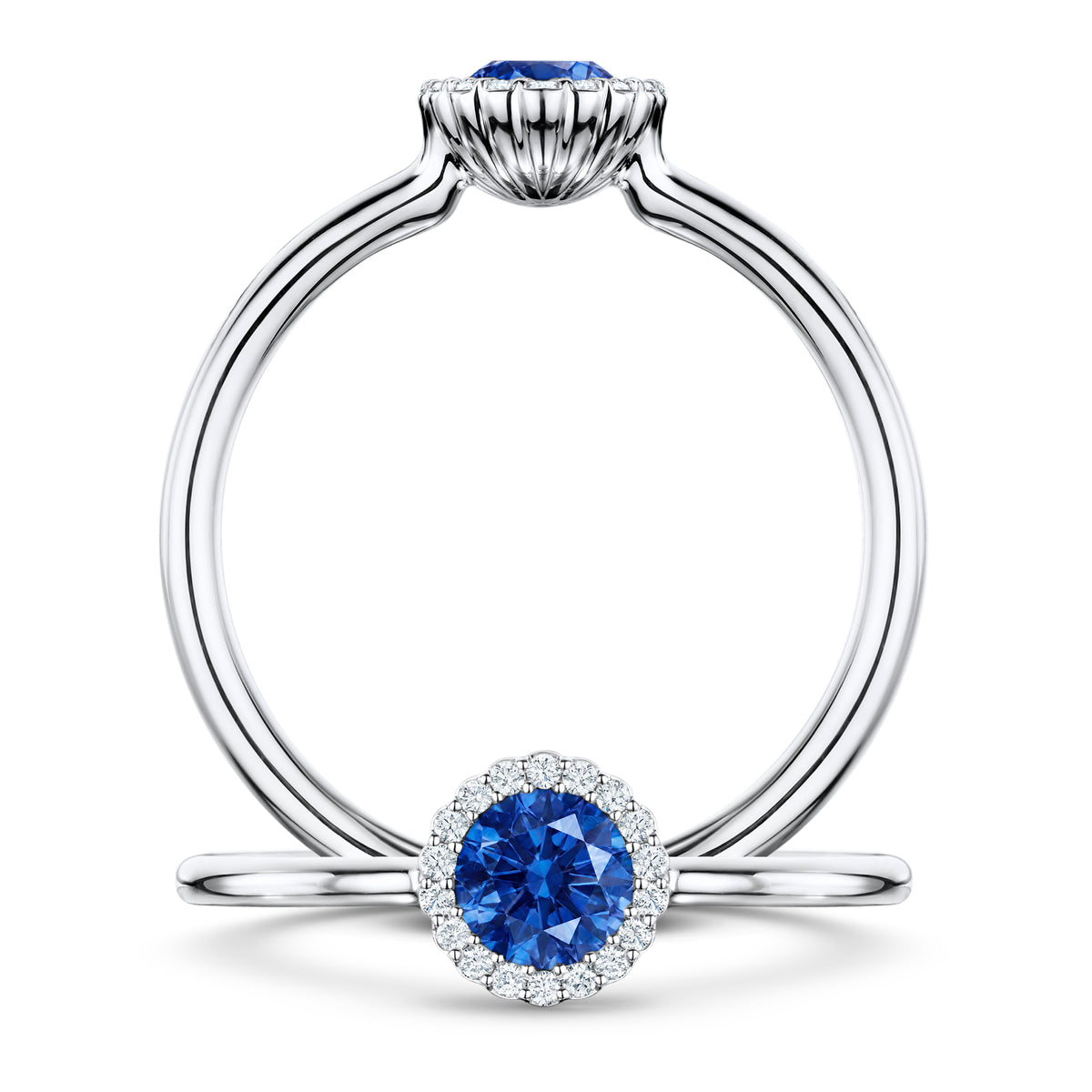 Rivage Medium Blue Sapphire Ring with white Diamond halo in Platinum, front and side views
