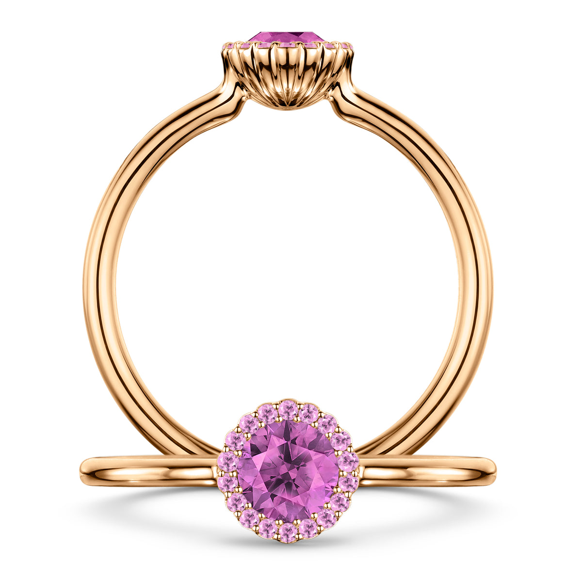 Rosée Pink Sapphire Ring with Pink Sapphire halo in 18ct Rose Gold, front and side views