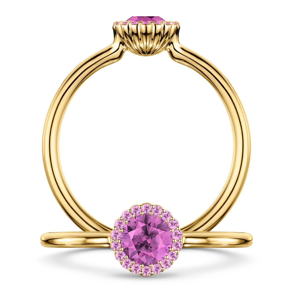 Rosée Pink Sapphire Ring with Pink Sapphire halo in 18ct Yellow Gold, front and side views