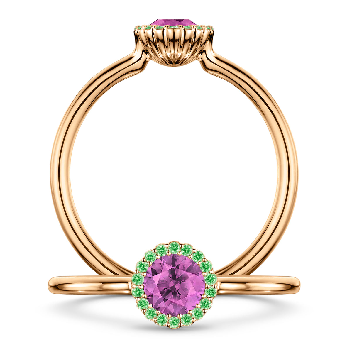 Rosée Pink Sapphire Ring with Tsavorite halo in 18ct Rose Gold, front and side views