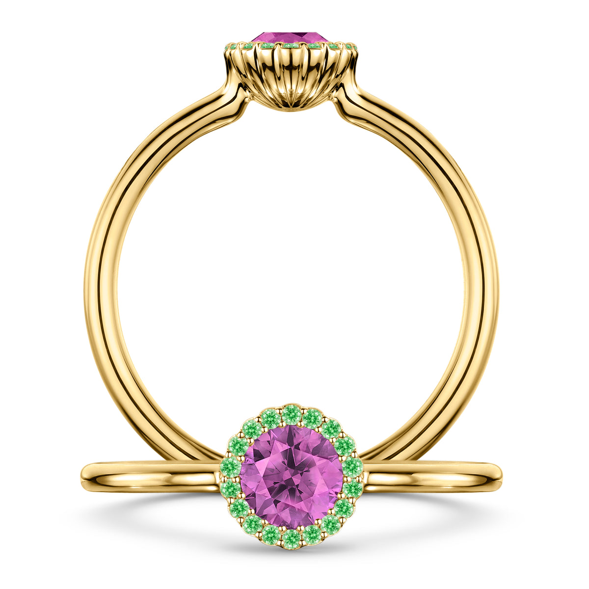 Rosée Pink Sapphire Ring with Tsavorite halo in 18ct Yellow Gold, front and side views