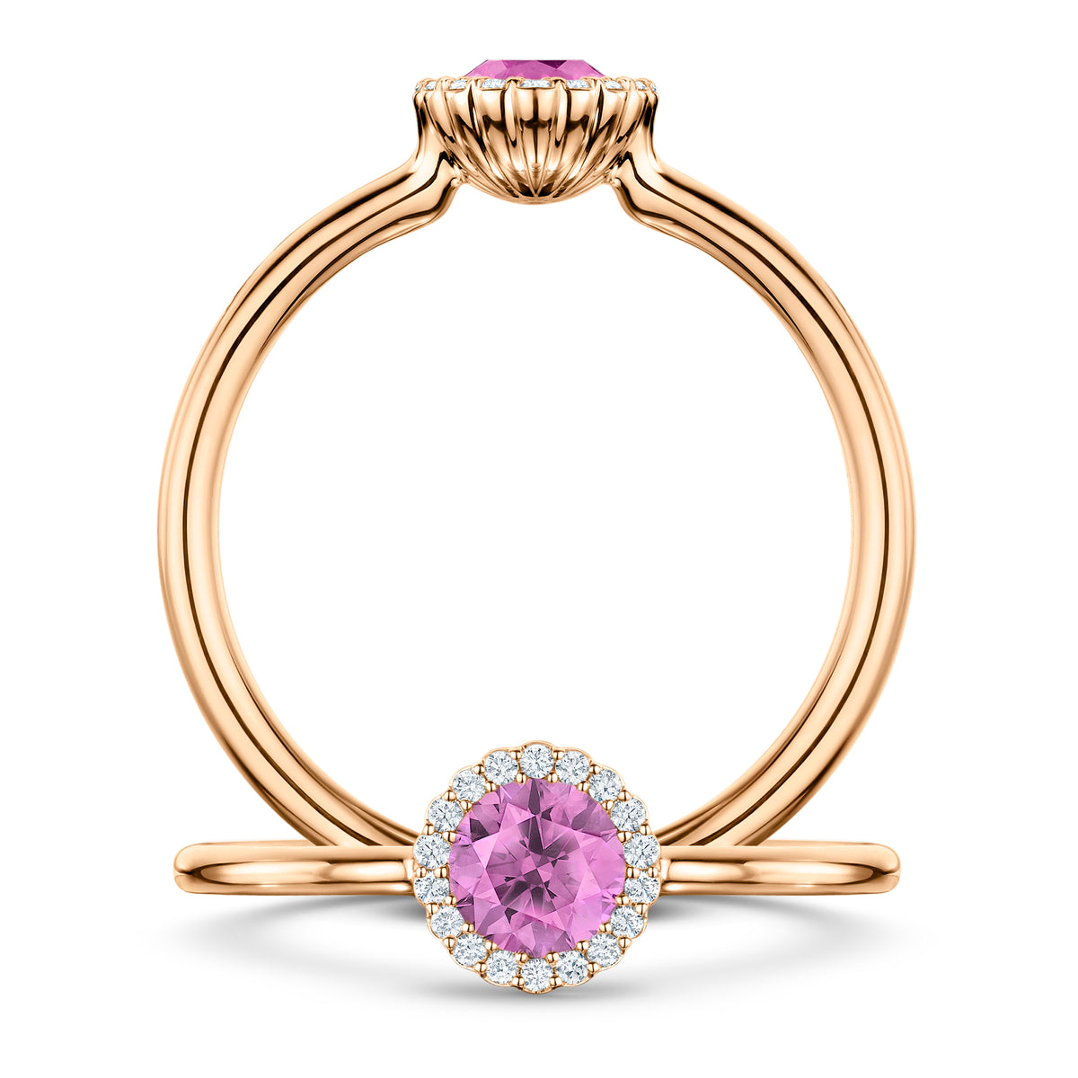 Rosée Pink Sapphire Ring with white Diamond halo in 18ct Rose Gold, front and side views
