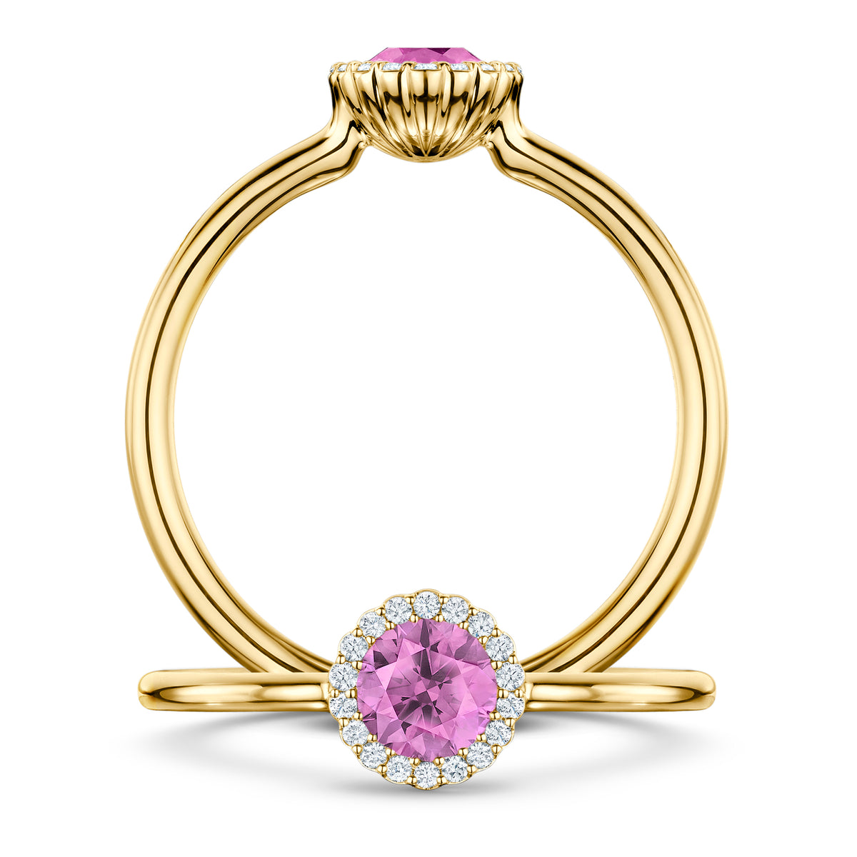 Rosée Pink Sapphire Ring with white Diamond halo in 18ct Yellow Gold, front and side views