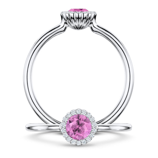 Rosée Pink Sapphire Ring with white Diamond halo in Platinum, front and side views