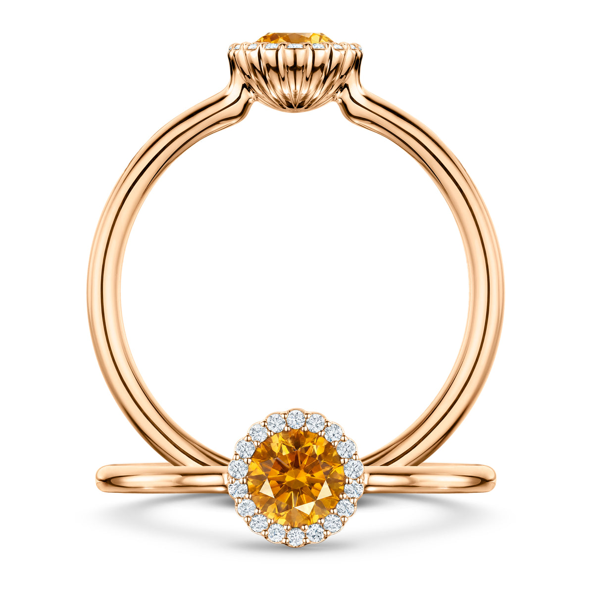 Soleil Spessartite Garnet Ring with white Diamond halo in 18ct Rose Gold, front and side views