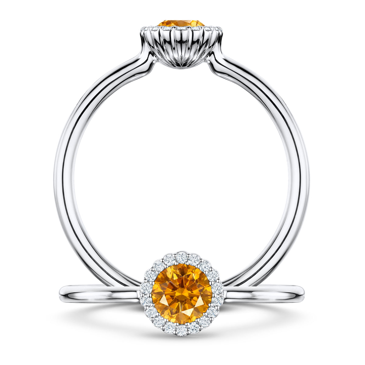 Soleil Spessartite Garnet Ring with white Diamond halo in Platinum, front and side views