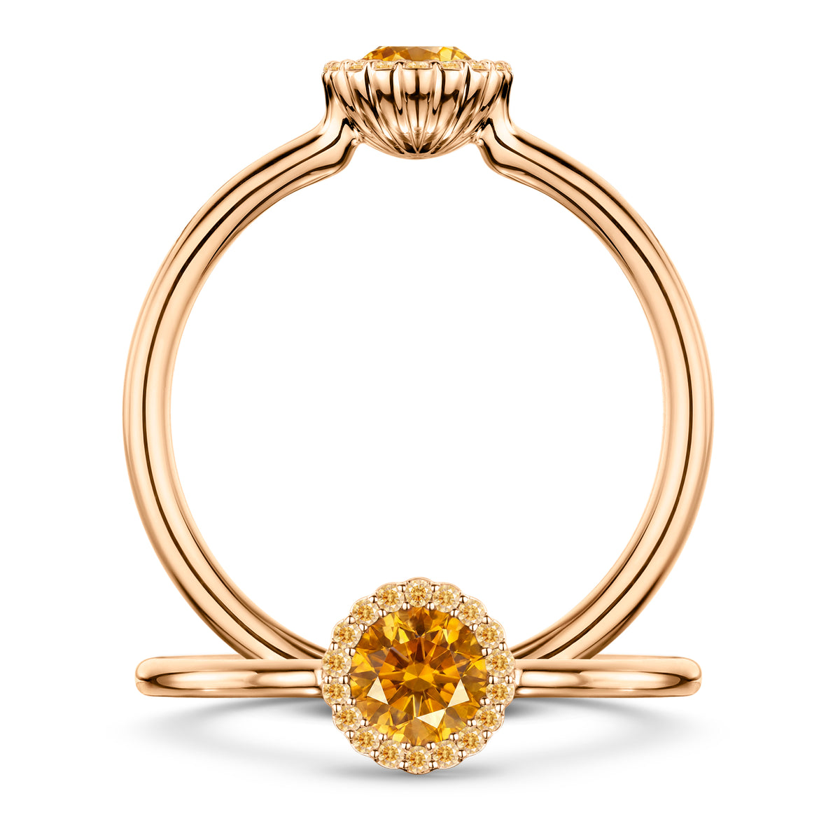 Soleil Spessartite Garnet Ring with Yellow Sapphire halo in 18ct Rose Gold, front and side views