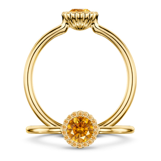 Soleil Spessartite Garnet Ring with Yellow Sapphire halo in 18ct Yellow Gold, front and side views