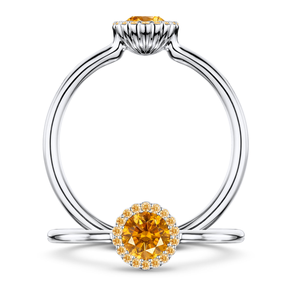 Soleil Spessartite Garnet Ring with Yellow Sapphire halo in Platinum, front and side views