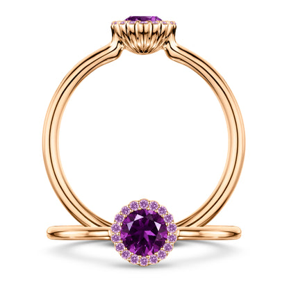 Violette Amethyst Ring with Amethyst halo in 18ct Rose Gold, front and side views