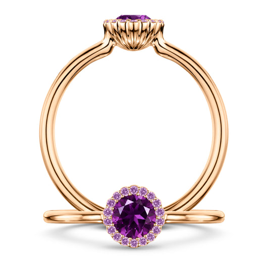 Violette Amethyst Ring with Amethyst halo in 18ct Rose Gold, front and side views