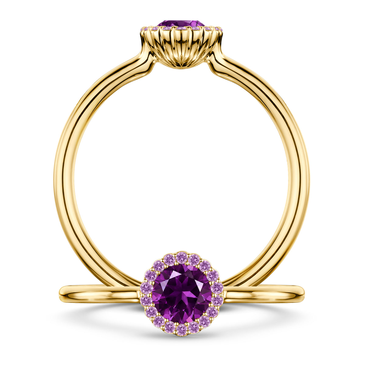 Violette Amethyst Ring with Amethyst halo in 18ct Yellow Gold, front and side views