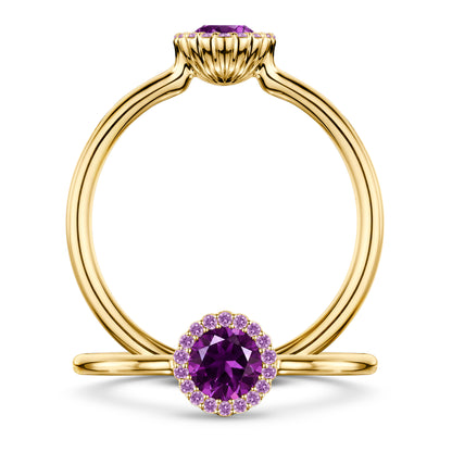 Violette Amethyst Ring with Amethyst halo in 18ct Yellow Gold, front and side views