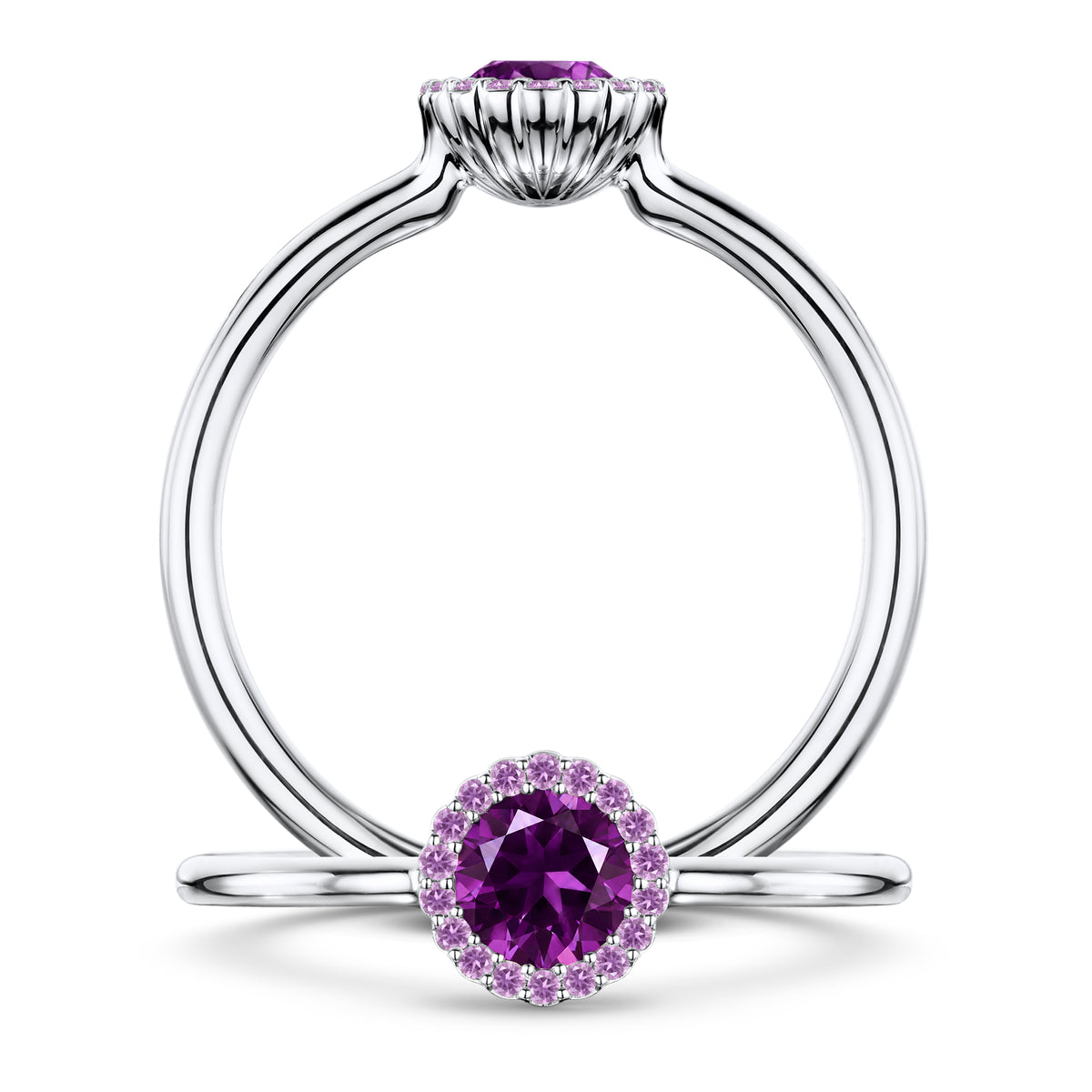 Violette Amethyst Ring with Amethyst halo in Platinum, front and side views