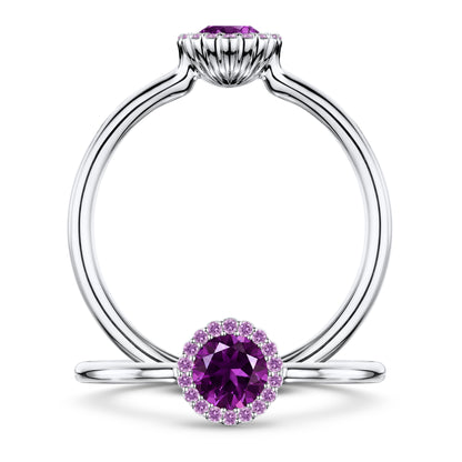 Violette Amethyst Ring with Amethyst halo in Platinum, front and side views