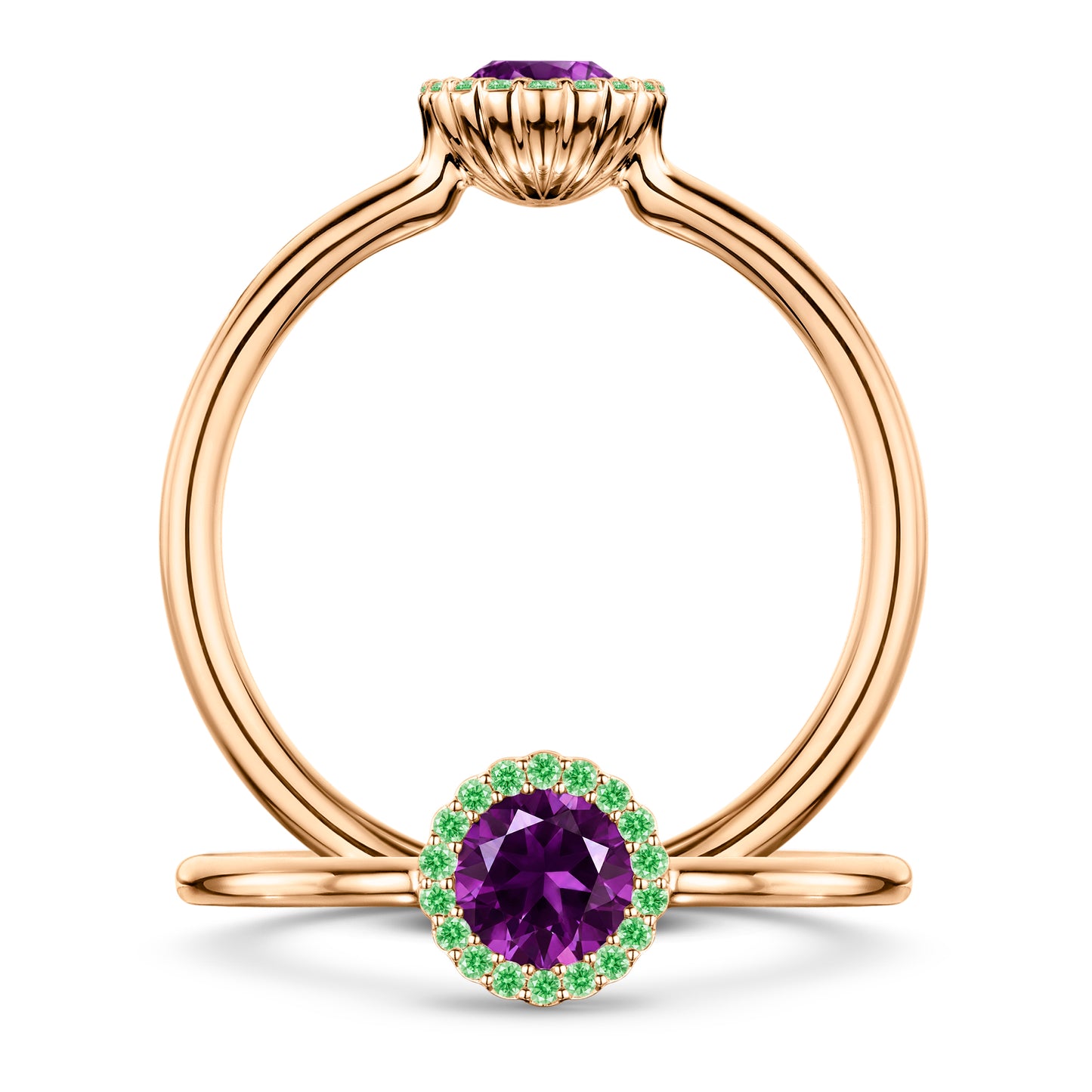 Violette Amethyst Ring with Tsavorite halo in 18ct Rose Gold, front and side views