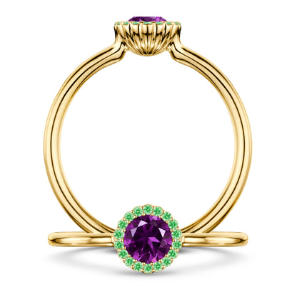 Violette Amethyst Ring with Tsavorite halo in 18ct Yellow Gold, front and side views