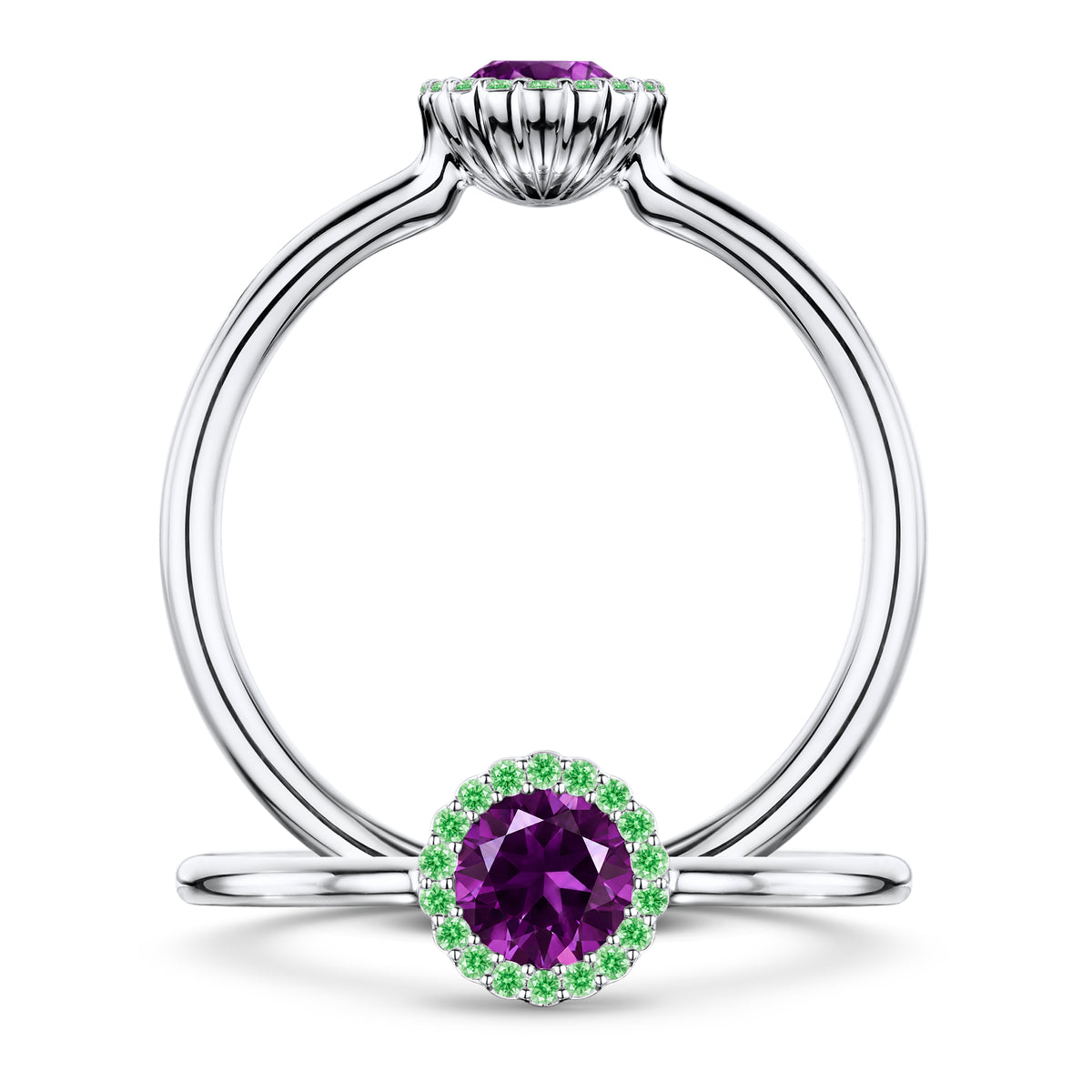 Violette Amethyst Ring with Tsavorite halo in Platinum, front and side views