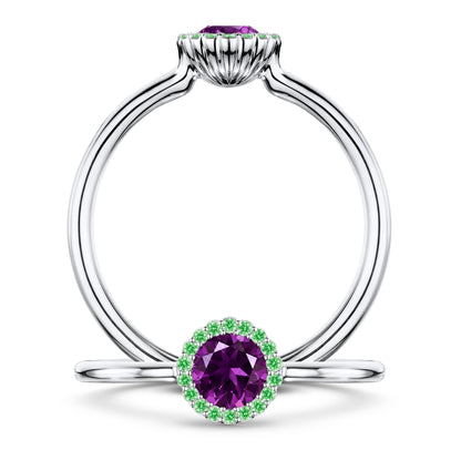 Violette Amethyst Ring with Tsavorite halo in Platinum, front and side views