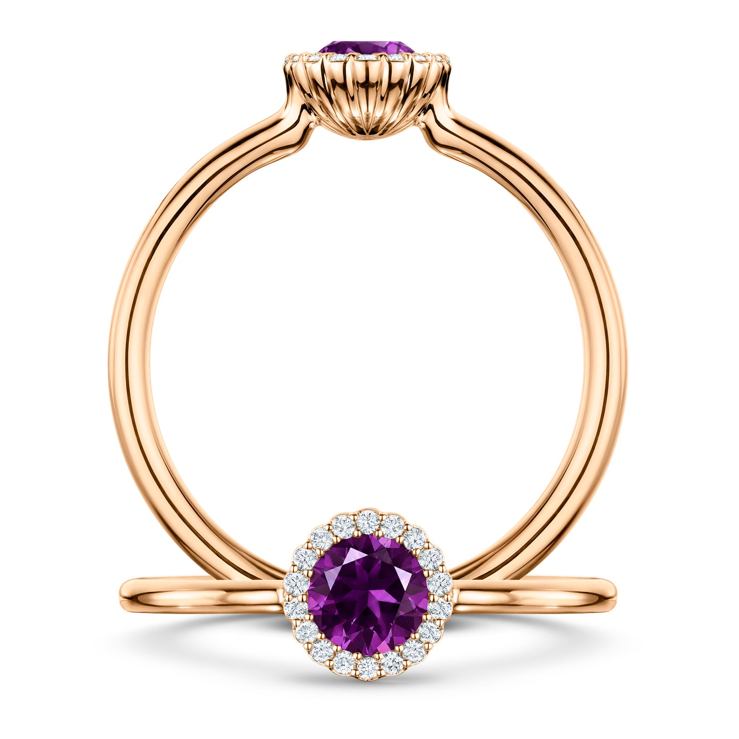Violette Amethyst Ring with white Diamond halo in 18ct Rose Gold, front and side views