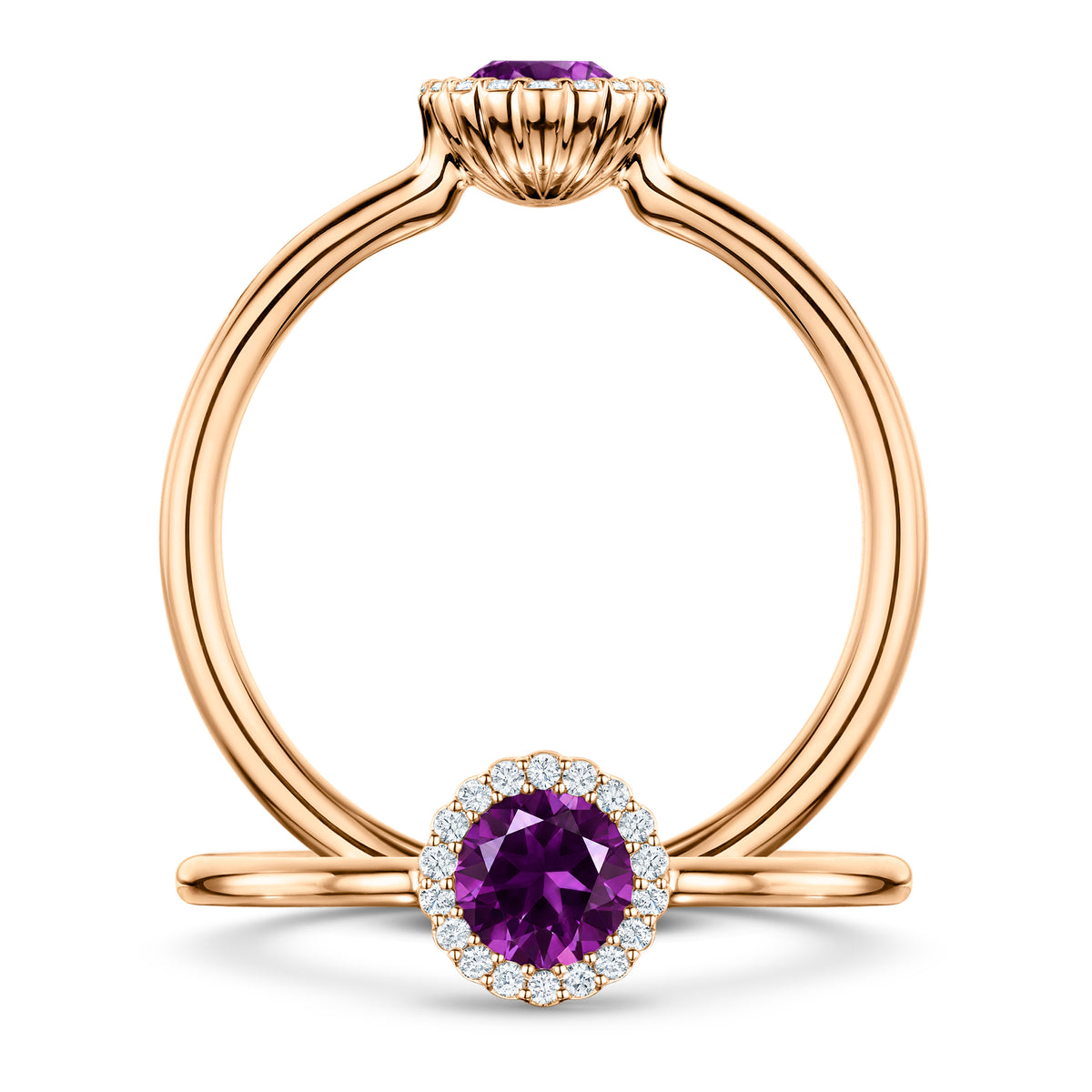 Violette Amethyst Ring with white Diamond halo in 18ct Rose Gold, front and side views