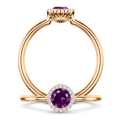 Violette Amethyst Ring with white Diamond halo in 18ct Rose Gold, front and side views